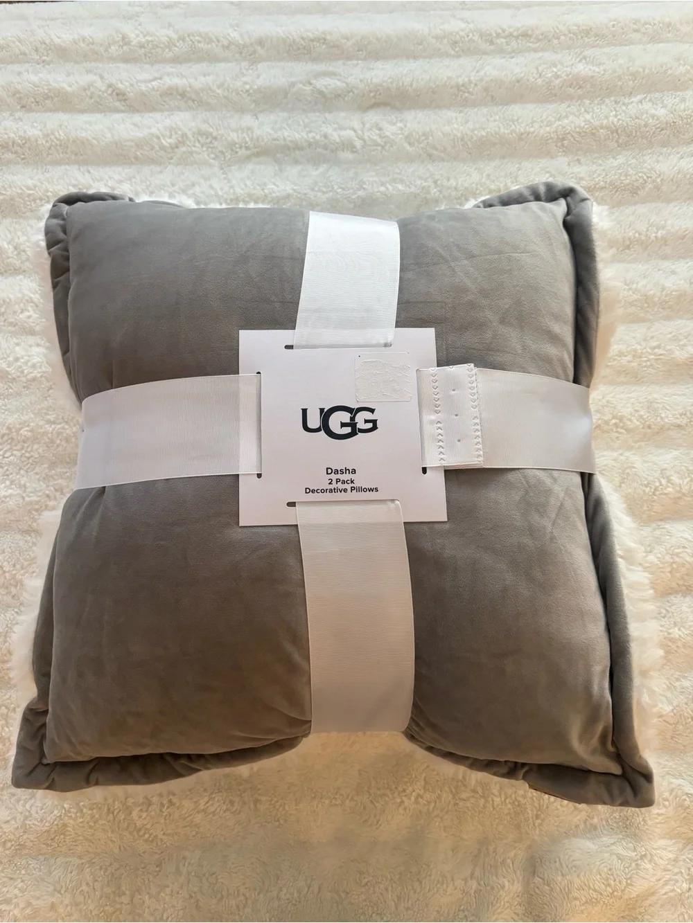 UGG Dasha Decorative Pillow - Light Gray Plush Velvet Sherpa